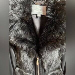 dennis basso Black Faux Leather and Fur Vest